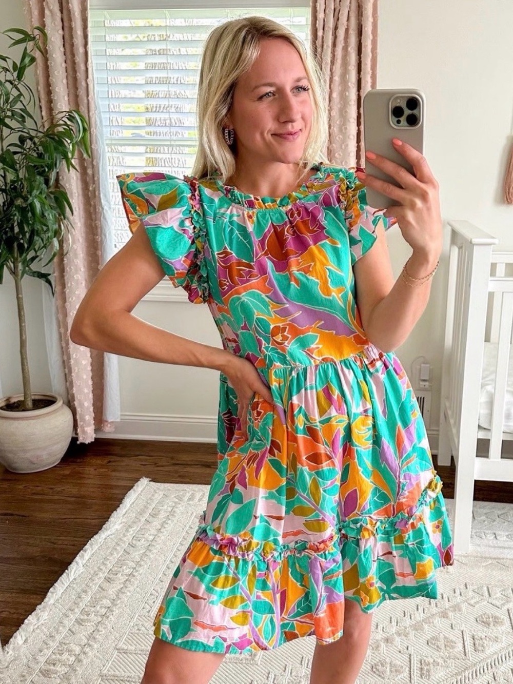 House of Harlow 1960 Bright Floral Tiered Short Dress - Turquoise Multi XS